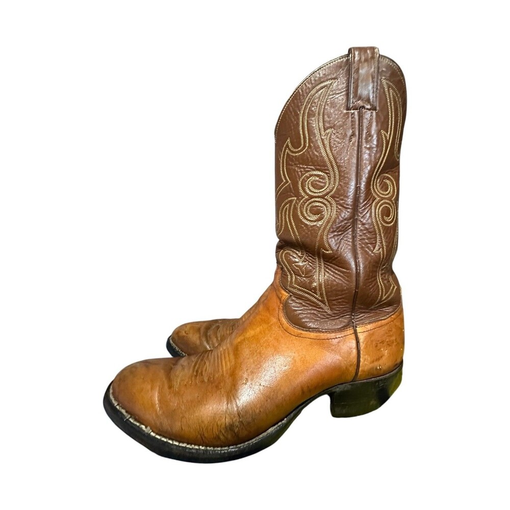 Justin Cowboy Two Tone Brown Leather Mens 10.5 D Boots Western Vibram Style 1847